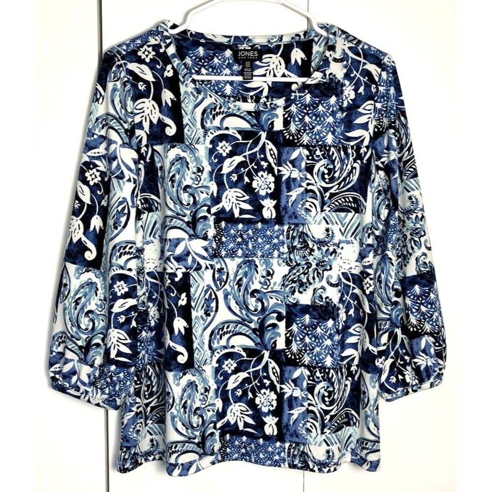 Jones New York Womens  Blue Floral 3/4 Puff Sleeve Top Size Medium